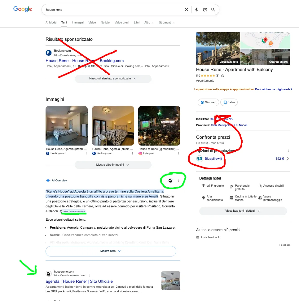 A screenshot showing a Google search where the Knowledge Panel contains unofficial data; while it shows reviews and an approximate location, the website link leads to a site not controlled by the business