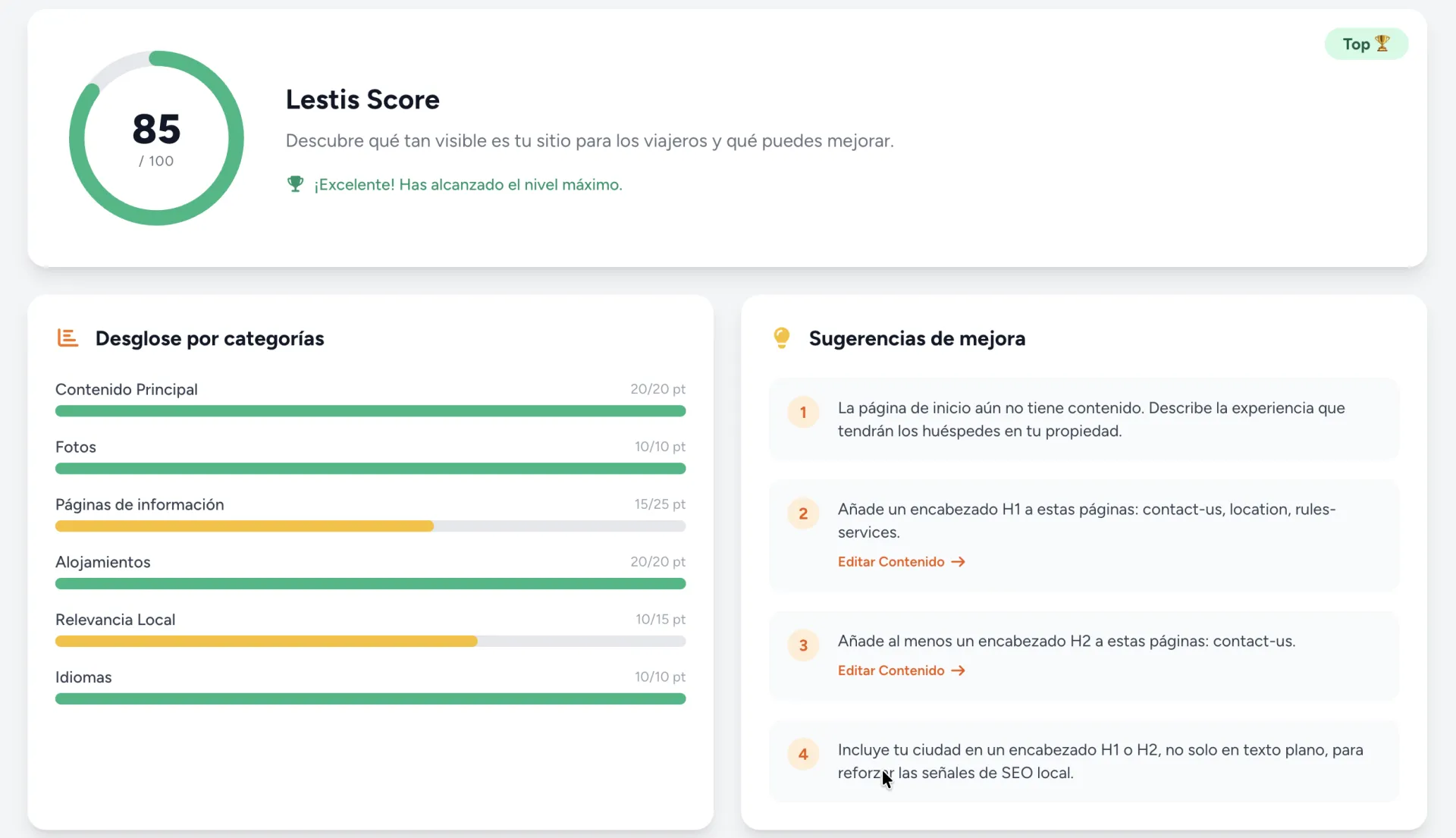 Lestis Score con puntuación numérica para cada sección y recomendaciones