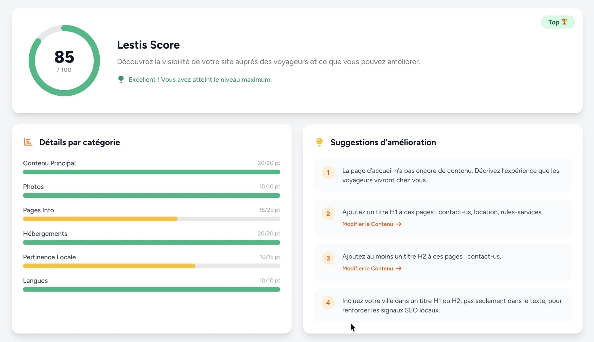 Lestis Score avec score numérique pour chaque section et recommandations