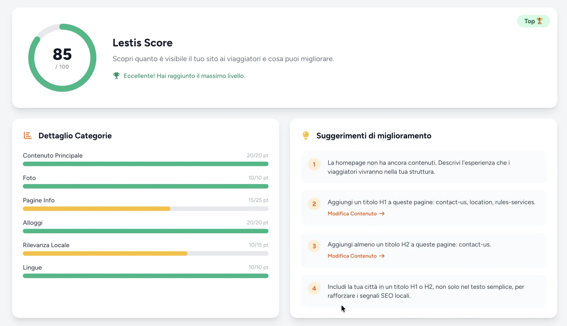 Lestis Score con punteggio numerico per ogni sezione e suggerimenti